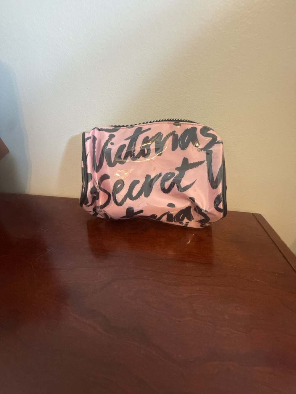Victoria's Secret Pink and Black Script Logo Clear Cosmetic Makeup Bag